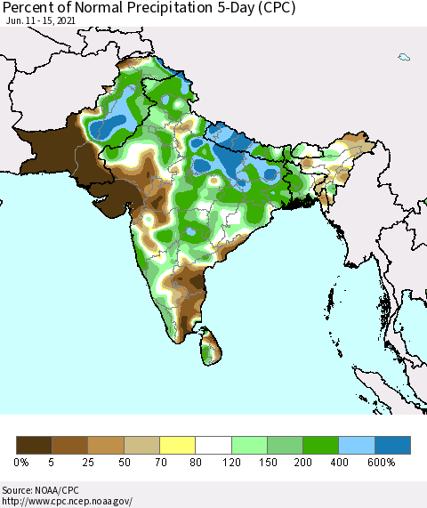 Southern Asia Percent of Normal Precipitation 5-Day (CPC) Thematic Map For 6/11/2021 - 6/15/2021