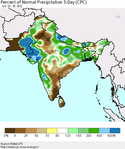 Southern Asia Percent of Normal Precipitation 5-Day (CPC) Thematic Map For 6/16/2021 - 6/20/2021