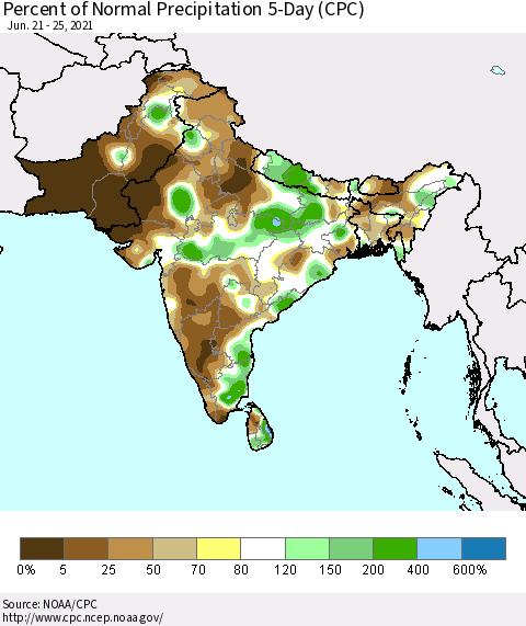 Southern Asia Percent of Normal Precipitation 5-Day (CPC) Thematic Map For 6/21/2021 - 6/25/2021
