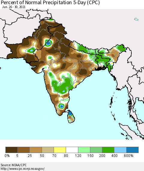Southern Asia Percent of Normal Precipitation 5-Day (CPC) Thematic Map For 6/26/2021 - 6/30/2021