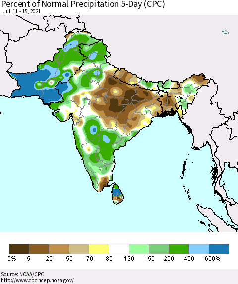Southern Asia Percent of Normal Precipitation 5-Day (CPC) Thematic Map For 7/11/2021 - 7/15/2021