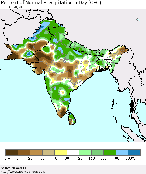 Southern Asia Percent of Normal Precipitation 5-Day (CPC) Thematic Map For 7/16/2021 - 7/20/2021