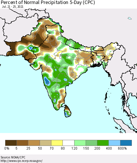 Southern Asia Percent of Normal Precipitation 5-Day (CPC) Thematic Map For 7/21/2021 - 7/25/2021