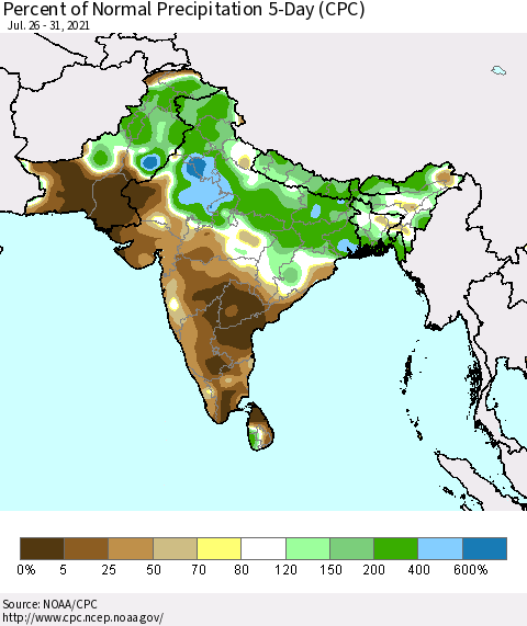 Southern Asia Percent of Normal Precipitation 5-Day (CPC) Thematic Map For 7/26/2021 - 7/31/2021