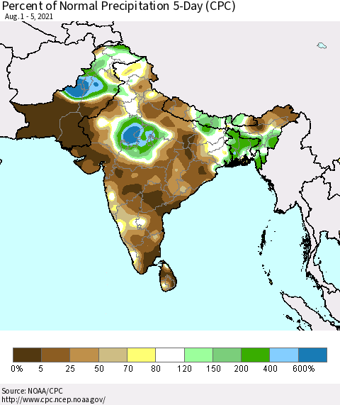 Southern Asia Percent of Normal Precipitation 5-Day (CPC) Thematic Map For 8/1/2021 - 8/5/2021
