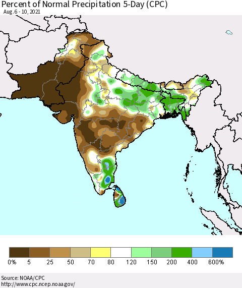 Southern Asia Percent of Normal Precipitation 5-Day (CPC) Thematic Map For 8/6/2021 - 8/10/2021