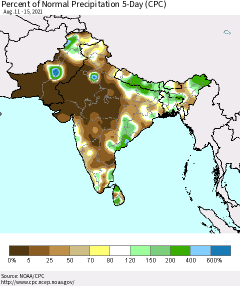 Southern Asia Percent of Normal Precipitation 5-Day (CPC) Thematic Map For 8/11/2021 - 8/15/2021