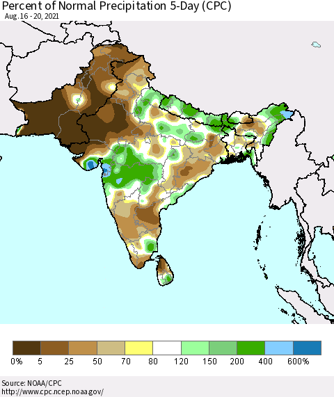 Southern Asia Percent of Normal Precipitation 5-Day (CPC) Thematic Map For 8/16/2021 - 8/20/2021