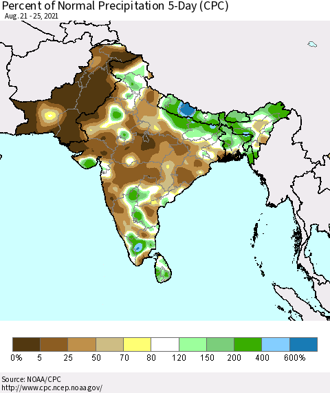Southern Asia Percent of Normal Precipitation 5-Day (CPC) Thematic Map For 8/21/2021 - 8/25/2021