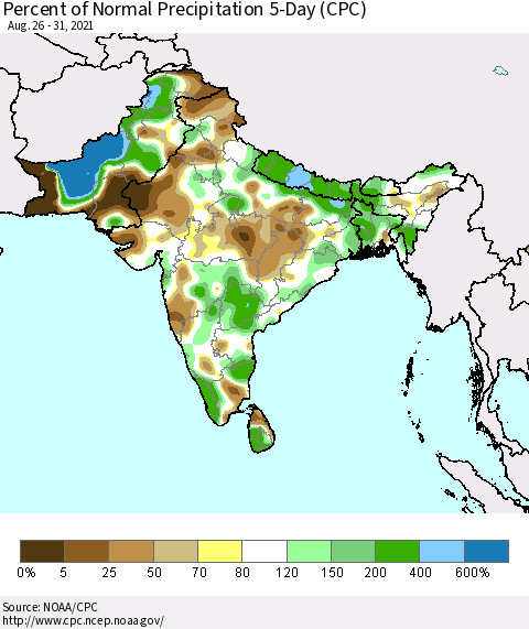 Southern Asia Percent of Normal Precipitation 5-Day (CPC) Thematic Map For 8/26/2021 - 8/31/2021