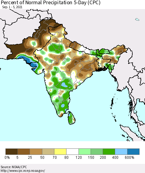 Southern Asia Percent of Normal Precipitation 5-Day (CPC) Thematic Map For 9/1/2021 - 9/5/2021