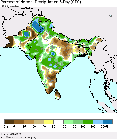 Southern Asia Percent of Normal Precipitation 5-Day (CPC) Thematic Map For 9/6/2021 - 9/10/2021