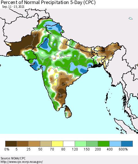 Southern Asia Percent of Normal Precipitation 5-Day (CPC) Thematic Map For 9/11/2021 - 9/15/2021