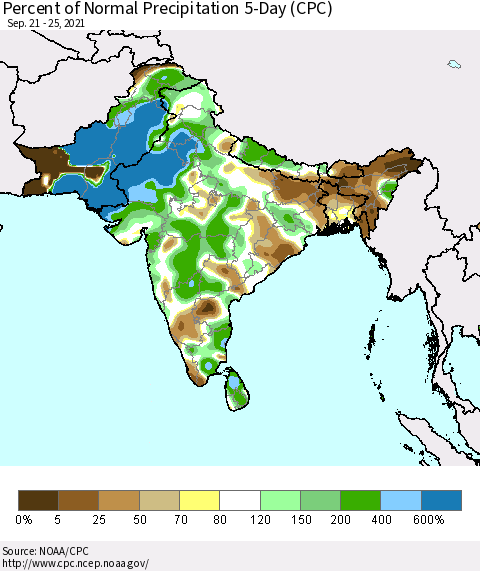 Southern Asia Percent of Normal Precipitation 5-Day (CPC) Thematic Map For 9/21/2021 - 9/25/2021