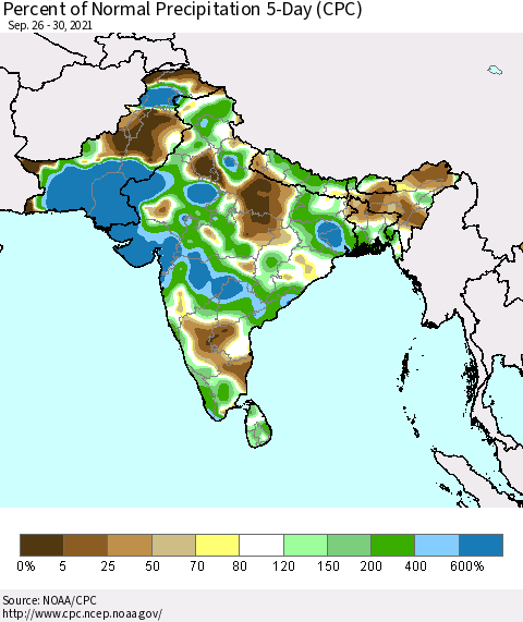 Southern Asia Percent of Normal Precipitation 5-Day (CPC) Thematic Map For 9/26/2021 - 9/30/2021