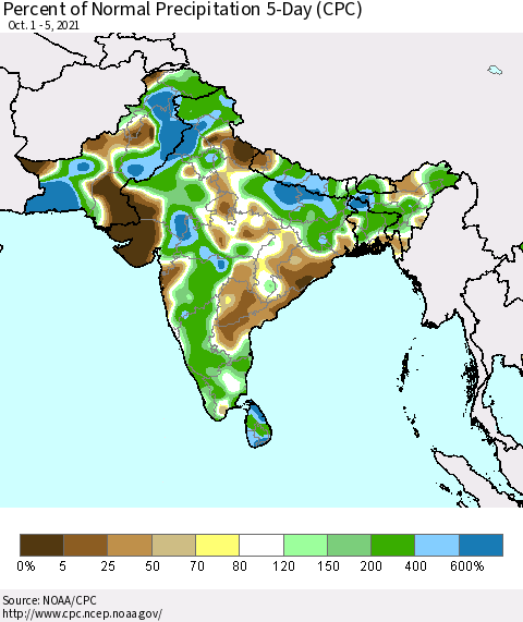 Southern Asia Percent of Normal Precipitation 5-Day (CPC) Thematic Map For 10/1/2021 - 10/5/2021