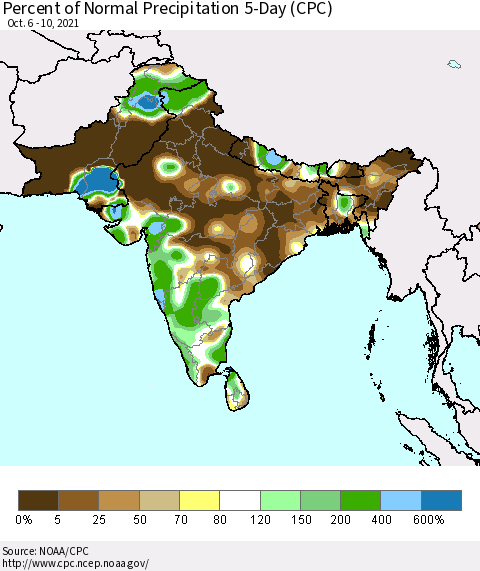 Southern Asia Percent of Normal Precipitation 5-Day (CPC) Thematic Map For 10/6/2021 - 10/10/2021