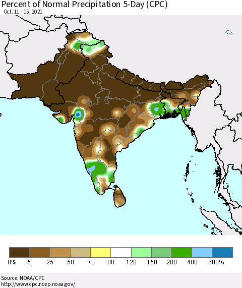Southern Asia Percent of Normal Precipitation 5-Day (CPC) Thematic Map For 10/11/2021 - 10/15/2021