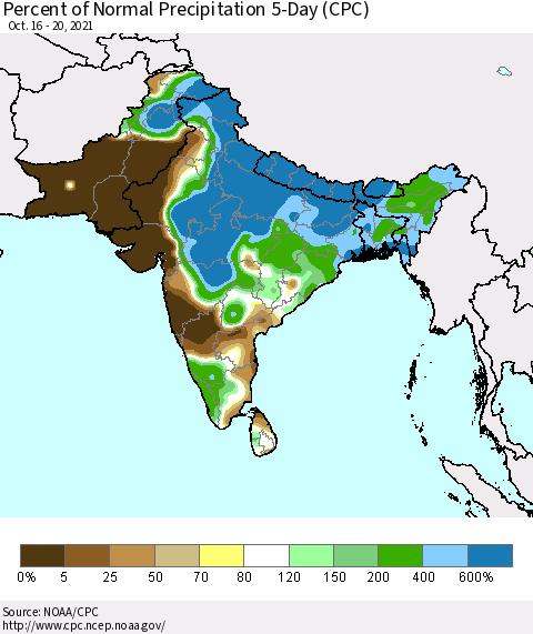 Southern Asia Percent of Normal Precipitation 5-Day (CPC) Thematic Map For 10/16/2021 - 10/20/2021