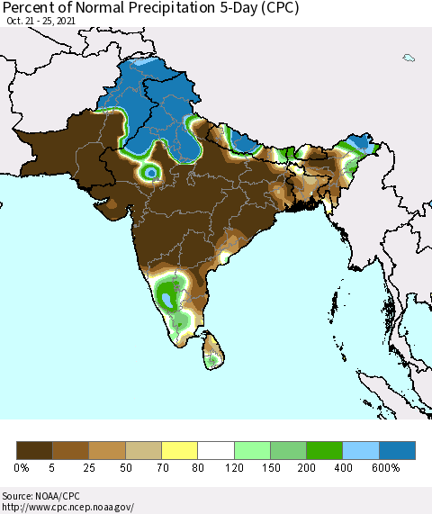 Southern Asia Percent of Normal Precipitation 5-Day (CPC) Thematic Map For 10/21/2021 - 10/25/2021