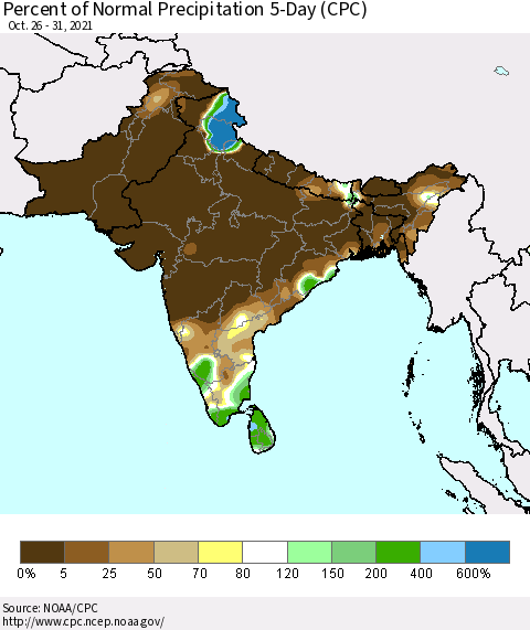 Southern Asia Percent of Normal Precipitation 5-Day (CPC) Thematic Map For 10/26/2021 - 10/31/2021