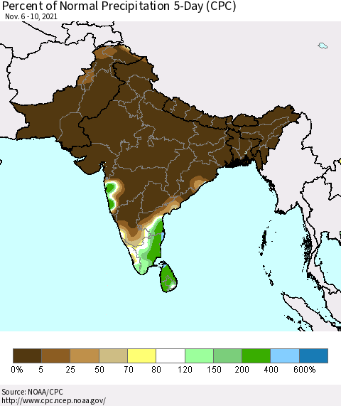 Southern Asia Percent of Normal Precipitation 5-Day (CPC) Thematic Map For 11/6/2021 - 11/10/2021