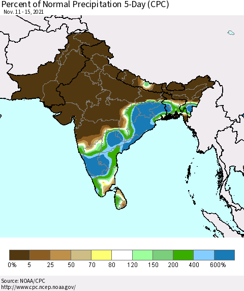 Southern Asia Percent of Normal Precipitation 5-Day (CPC) Thematic Map For 11/11/2021 - 11/15/2021