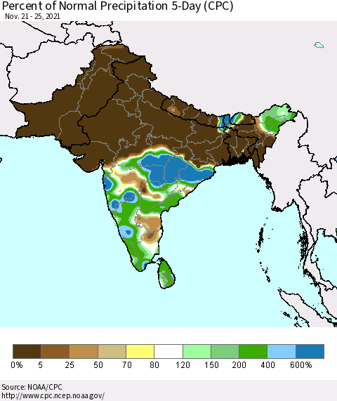 Southern Asia Percent of Normal Precipitation 5-Day (CPC) Thematic Map For 11/21/2021 - 11/25/2021