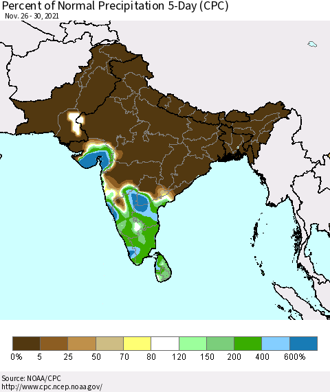 Southern Asia Percent of Normal Precipitation 5-Day (CPC) Thematic Map For 11/26/2021 - 11/30/2021