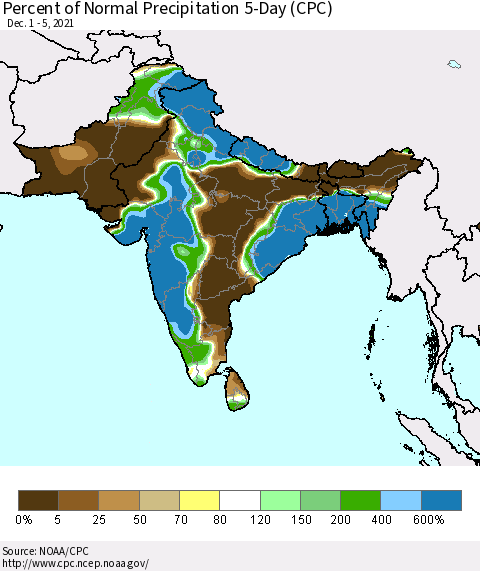 Southern Asia Percent of Normal Precipitation 5-Day (CPC) Thematic Map For 12/1/2021 - 12/5/2021