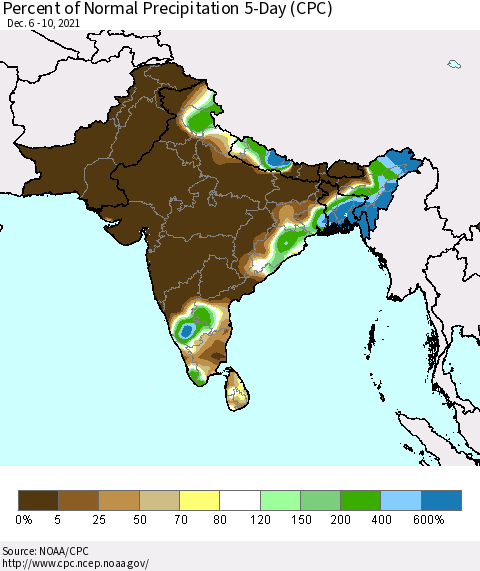 Southern Asia Percent of Normal Precipitation 5-Day (CPC) Thematic Map For 12/6/2021 - 12/10/2021