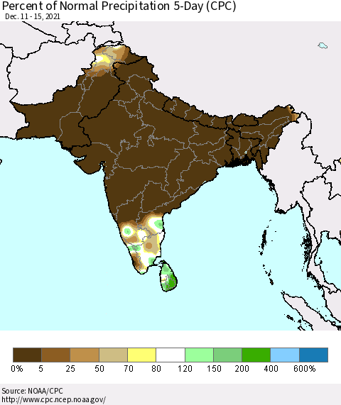 Southern Asia Percent of Normal Precipitation 5-Day (CPC) Thematic Map For 12/11/2021 - 12/15/2021