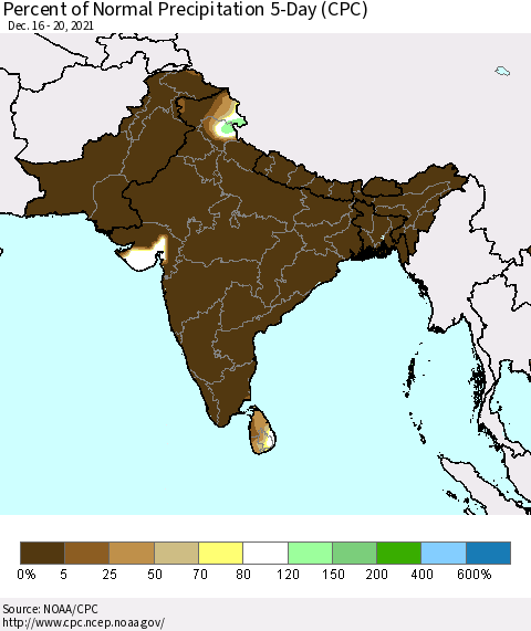 Southern Asia Percent of Normal Precipitation 5-Day (CPC) Thematic Map For 12/16/2021 - 12/20/2021