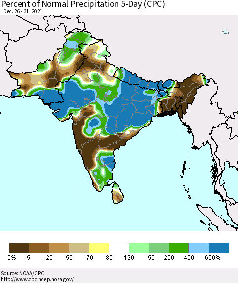 Southern Asia Percent of Normal Precipitation 5-Day (CPC) Thematic Map For 12/26/2021 - 12/31/2021