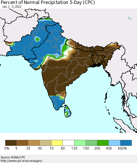 Southern Asia Percent of Normal Precipitation 5-Day (CPC) Thematic Map For 1/1/2022 - 1/5/2022