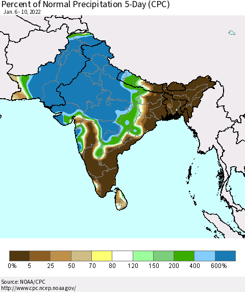Southern Asia Percent of Normal Precipitation 5-Day (CPC) Thematic Map For 1/6/2022 - 1/10/2022