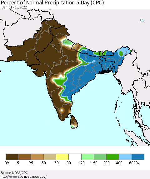 Southern Asia Percent of Normal Precipitation 5-Day (CPC) Thematic Map For 1/11/2022 - 1/15/2022