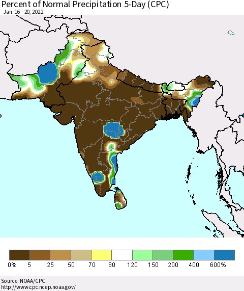 Southern Asia Percent of Normal Precipitation 5-Day (CPC) Thematic Map For 1/16/2022 - 1/20/2022