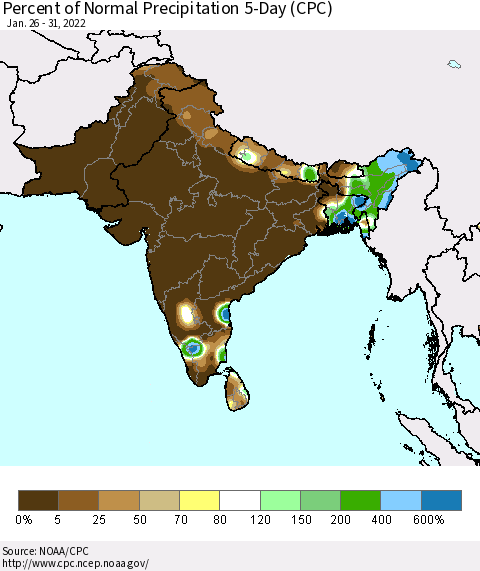Southern Asia Percent of Normal Precipitation 5-Day (CPC) Thematic Map For 1/26/2022 - 1/31/2022