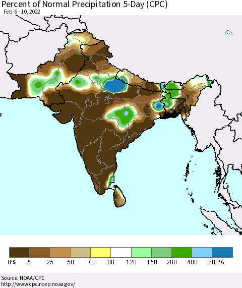 Southern Asia Percent of Normal Precipitation 5-Day (CPC) Thematic Map For 2/6/2022 - 2/10/2022