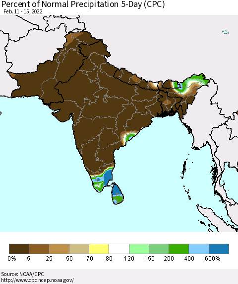 Southern Asia Percent of Normal Precipitation 5-Day (CPC) Thematic Map For 2/11/2022 - 2/15/2022
