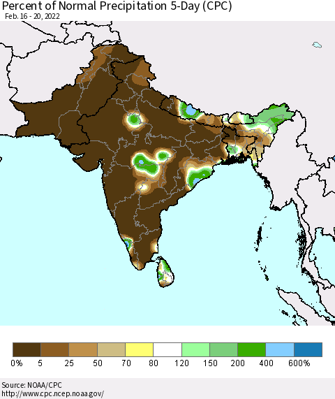 Southern Asia Percent of Normal Precipitation 5-Day (CPC) Thematic Map For 2/16/2022 - 2/20/2022