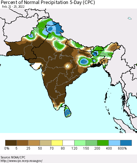 Southern Asia Percent of Normal Precipitation 5-Day (CPC) Thematic Map For 2/21/2022 - 2/25/2022