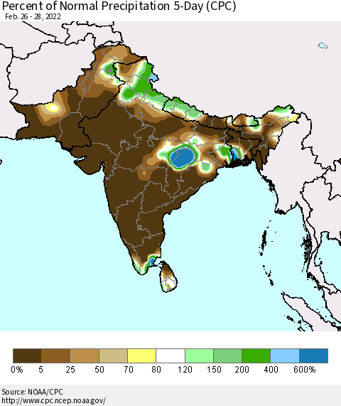 Southern Asia Percent of Normal Precipitation 5-Day (CPC) Thematic Map For 2/26/2022 - 2/28/2022