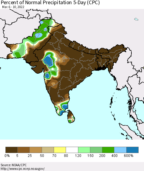 Southern Asia Percent of Normal Precipitation 5-Day (CPC) Thematic Map For 3/6/2022 - 3/10/2022