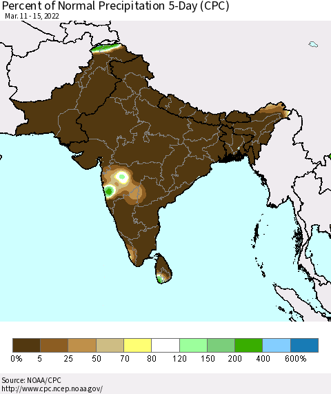 Southern Asia Percent of Normal Precipitation 5-Day (CPC) Thematic Map For 3/11/2022 - 3/15/2022