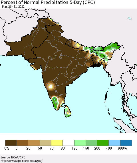 Southern Asia Percent of Normal Precipitation 5-Day (CPC) Thematic Map For 3/26/2022 - 3/31/2022