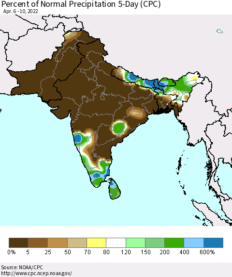 Southern Asia Percent of Normal Precipitation 5-Day (CPC) Thematic Map For 4/6/2022 - 4/10/2022