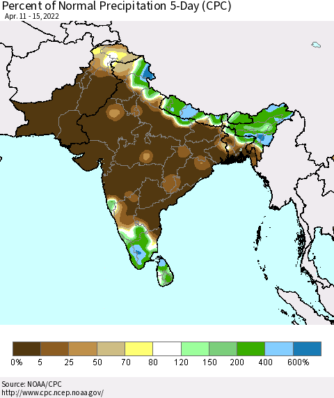Southern Asia Percent of Normal Precipitation 5-Day (CPC) Thematic Map For 4/11/2022 - 4/15/2022