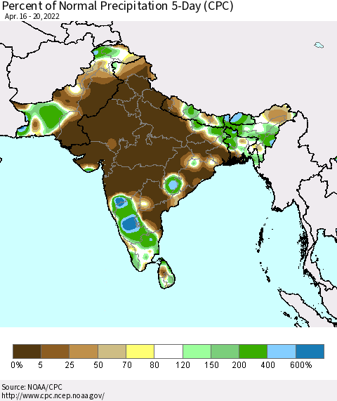 Southern Asia Percent of Normal Precipitation 5-Day (CPC) Thematic Map For 4/16/2022 - 4/20/2022